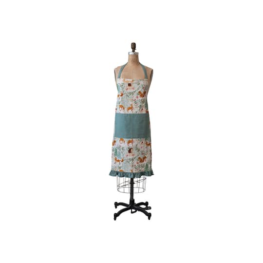 Hello Honey® Multicolor Cotton Printed Apron with Woodland Flora & Fauna Pattern, Pockets & Ruffle